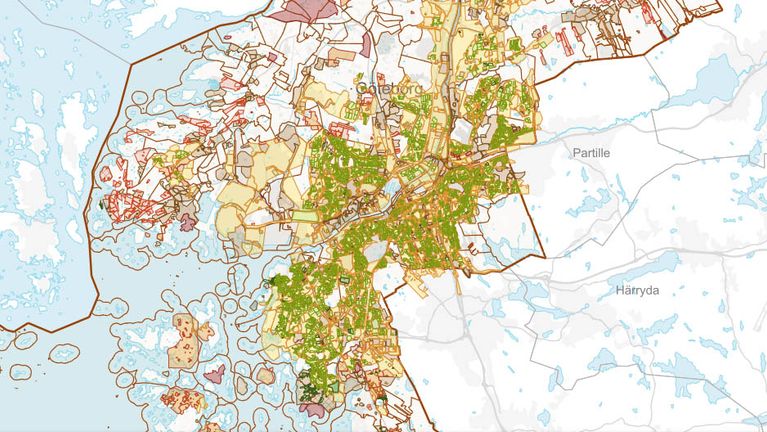 Bilden visar karta över Göteborg med alla detaljplaner
