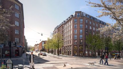 Visionsbild av det nya kvarteret visar byggnad i klassisk arkitektur i staden.