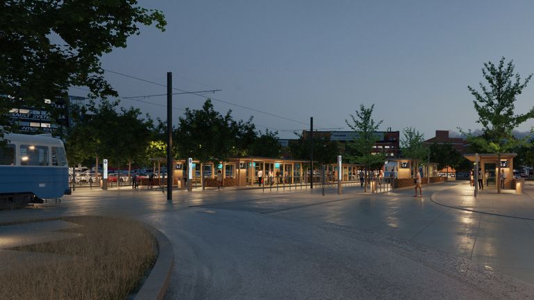 nattbild på ny station i brunnsbo med hållplatslägen för spårvagnar och bussar