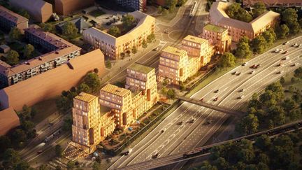 Brunnsbo station syns i vänsterkant - flygvy