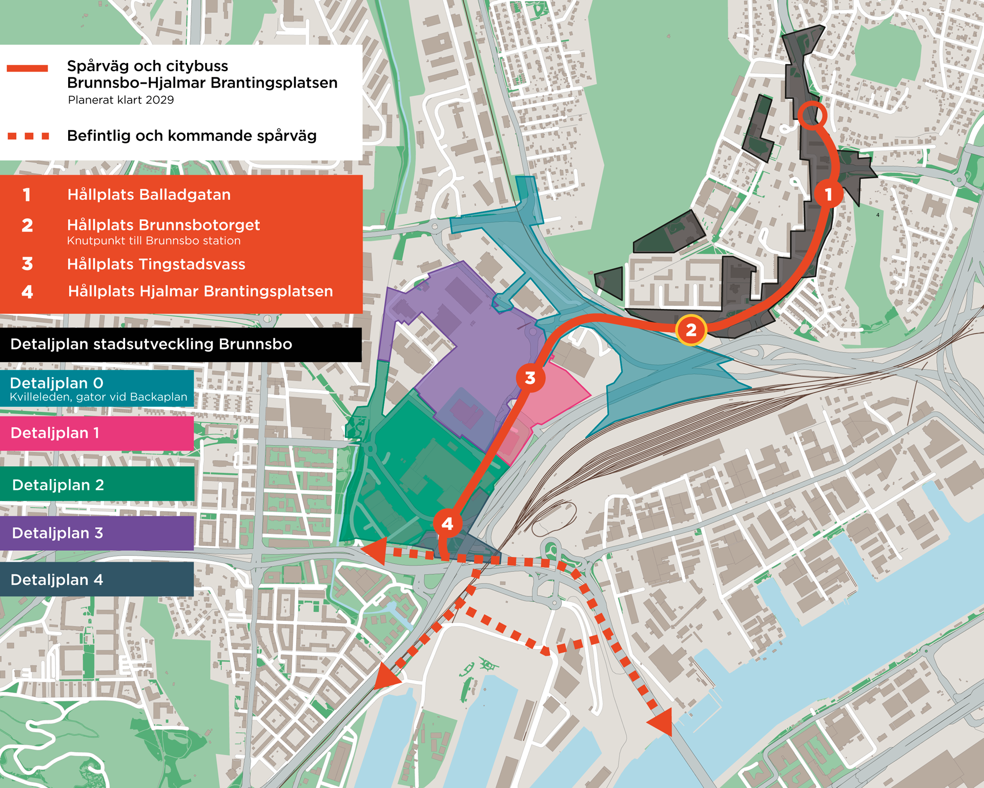 Översiktsbild för spårväg Brunnsbo-Hjalmarbrantingsplatsen