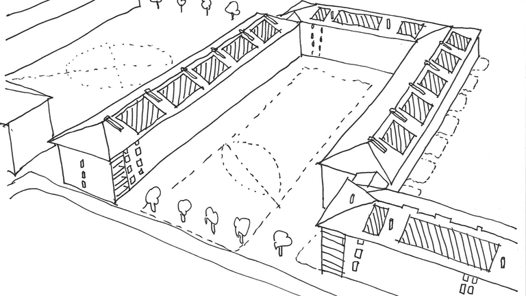 Illustration av ett bostadsområde sett uppifrån. På taken finns solceller placerade.