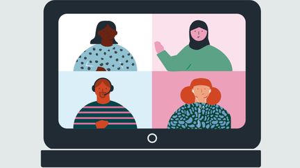 illustration av fyra personer som deltar på ett digitalt möte.