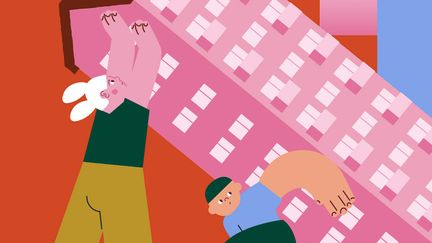 Illustration av två personer som försöker lyfta upp ett flerfamiljshus på plats.
