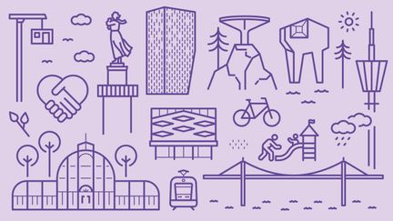 Illustrationer av en byggkran, bro, torn, höghus, spårvagn, hopptornet vid Frihamnen, Frihetsgudinnan och andra typiska göteborgsikoner, gjorda i streckade mörklila linjer mot ljuslila bakgrund.