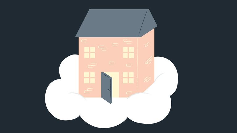 Illustration av ett tvåplanshus på ett moln, inne i  huset är det ljust