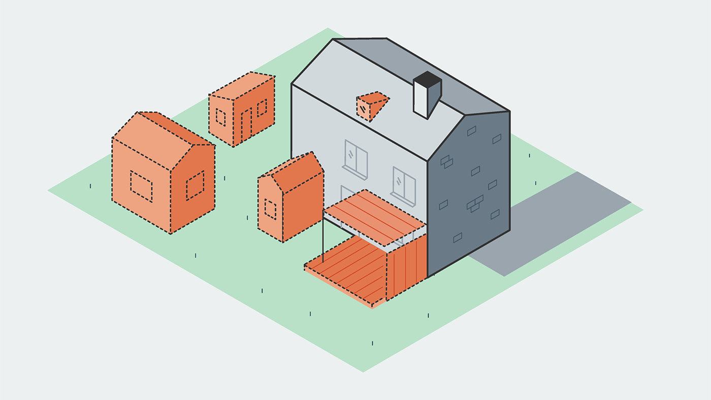 Tomt med huvudbyggnad och parkering med attefalls&aring;tg&auml;rder och friggebod markerad med orange.