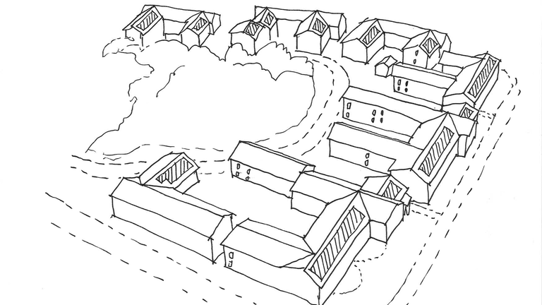 Illustration av ett bostadsområde sett uppifrån. På taken finns solceller placerade.