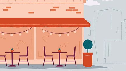 Illustration av en öppen uteservering med runda små bord.