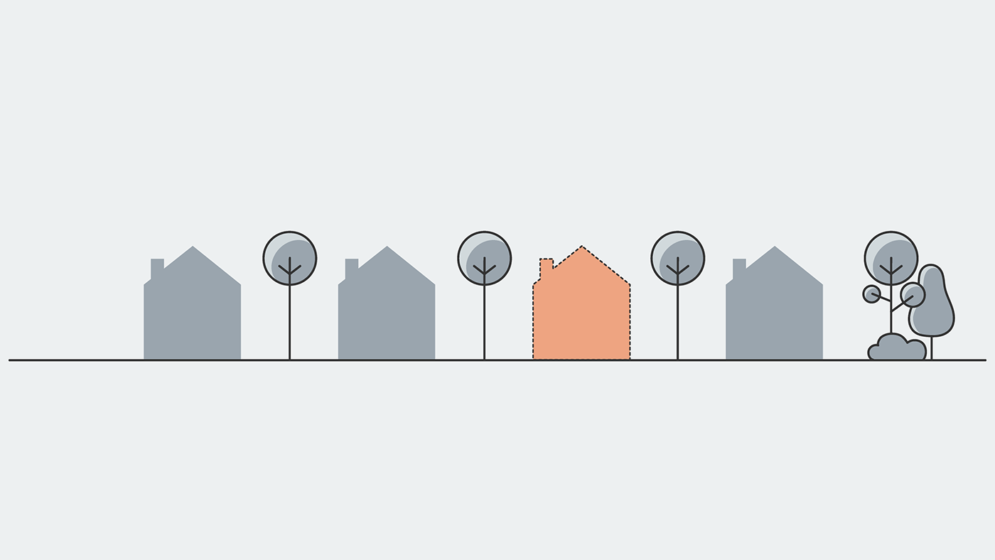 Fyra hus som är uppställda på rad, Först två gråblå, sedan ett orange, sedan ett gråblått. Det är träd mellan husen.