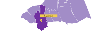 Karta över utbildningsområde centrum med Hagaskolan markerad.