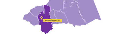 Karta över utbildningsområde centrum med markering för Nordhemsskolan.