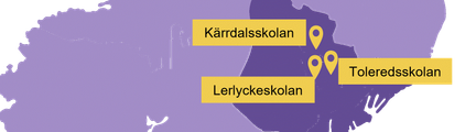 Karta över Hisingen med Kärrdalsskolan, Lerlyckeskolan och Toleredsskolan markerade.