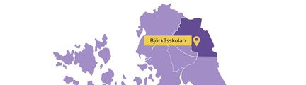 Karta över utbildningsområde sydväst med markering för Björkåsskolan.
