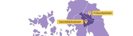 Karta över skolområde sydväst med Frölundaskolan och Kannebäcksskolan markerade.
