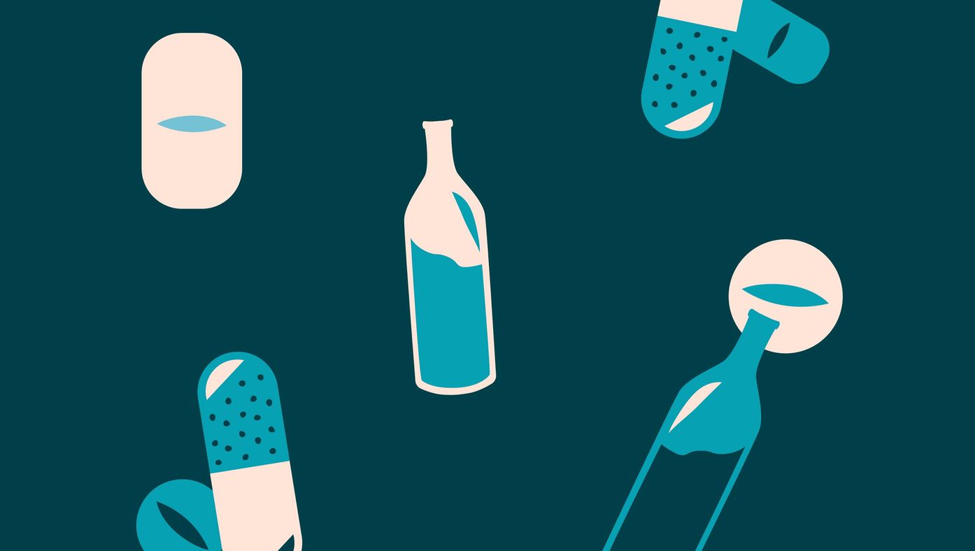 Illustration iav flaskor och piller mot en mörkblåbakgrund