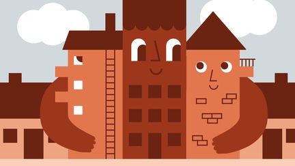 Illustration av bruna hyreshus som kramas.