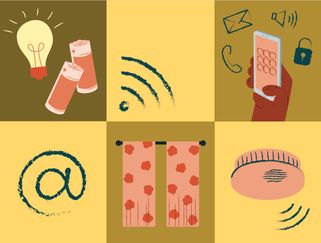 Illustration som ska visa vad fixartjänst hjälper till med. Matta, skiftnyckel, sladd och glödlampa.