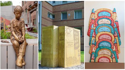 Tre bilder av konst i ett collage: en liten staty av en pojke som sitter ner, ett gult monument i form av en slags kloss med text på, små färglada lustiga figurer i textil som kikar fram på en vägg..
