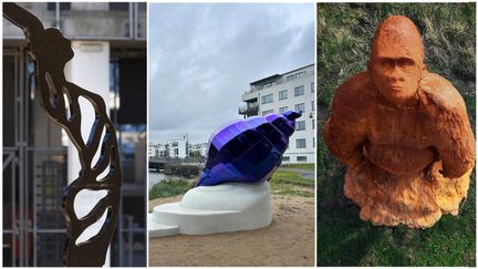 Ett fotocollage med tre exempel på konst som invigdes 2024