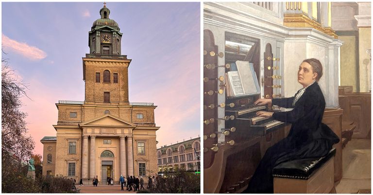 Ett foto på Domkyrkan i Göteborg och en målning av domkyrkoorganisten Elfrida Andrée.
