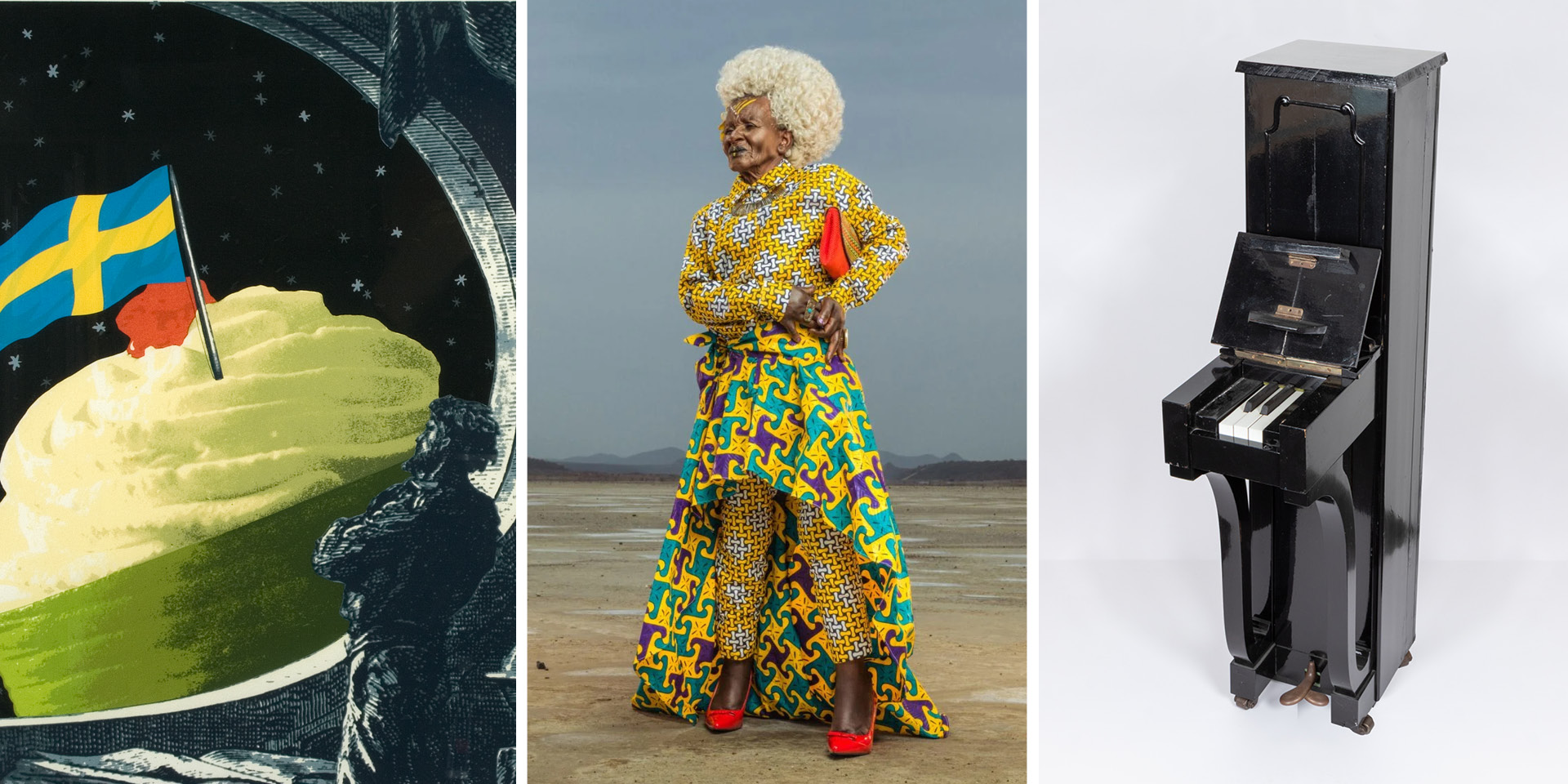 En bakelse i rymden med en Sverigeflagga i, en afrikansk äldre kvinna i färgglada kläder i ett ödelandskap, ett piano som bara är tre tangenter brett