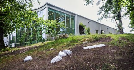 Konstverk i aluminium glimrar på marken framför Slottskogens ishall.
