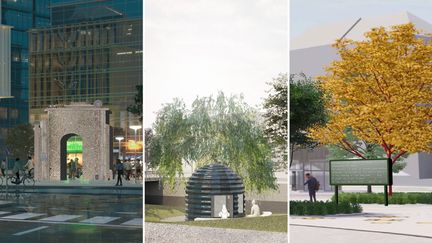 Collage av tre skisser: en "stadsport" av gatsten, en paviljong med fönster, en skylt vid ett träd