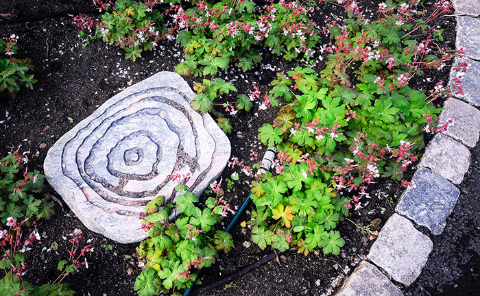 En sten med ett labyrintliknande m&ouml;nster ligger i en rabatt