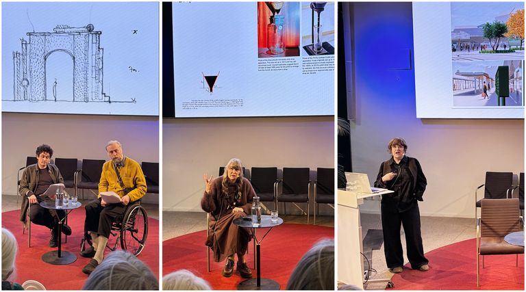 Ett fotokollage med tre bilder som visar totalt fyra människor på en scen med en stor bildskärm bakom sig.