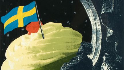 Ett konstverk som visar ett collage med en bakelse, en svensk flagga och två personer som står och betraktar vid sidan av som om de är upptäcktsresande.