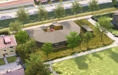 En bild ovanifrån den kommande BmSS-byggnaden. Brunt tak och en rund form på huset