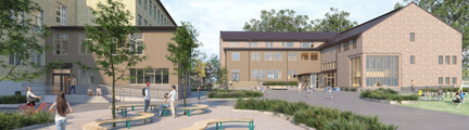 Bild på skolgården med sittplatser och grönska