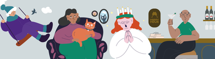 Illustration med fler olika objekt, en person som gungar, en som sitter i en fåtölj, en lucia och en som sitter i en bar. Bakgrunden är grå