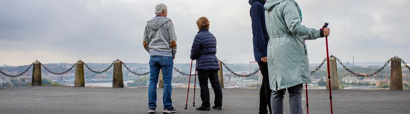 Fyra personer på promenad som stannat och tittar på utsikten över stadskärnan.