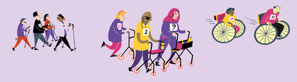 Tre personer som är med i rullatorloppet