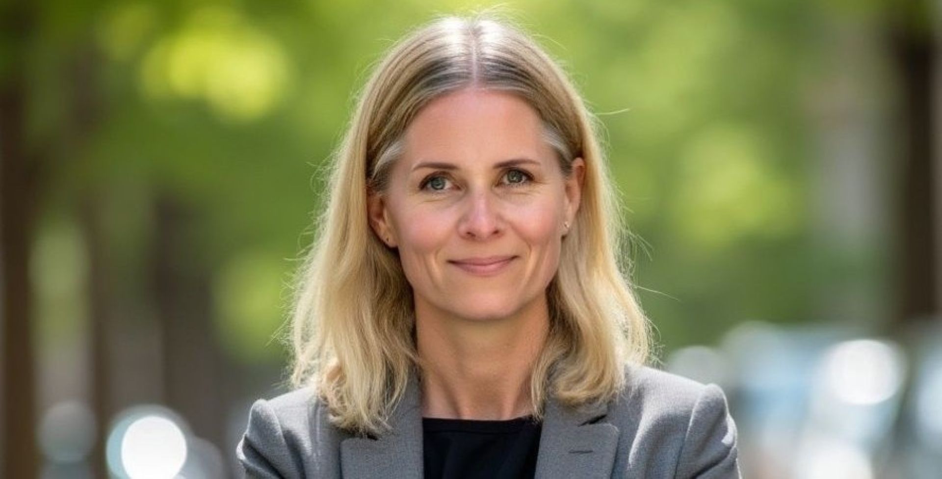 Kvinna med blont hår och grå kavaj i stadsmiljö
