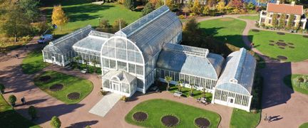 Palmhuset sett uppifrån, en huvudbyggnad i mitten med två flyglar och sidoskepp åt vardera håll.