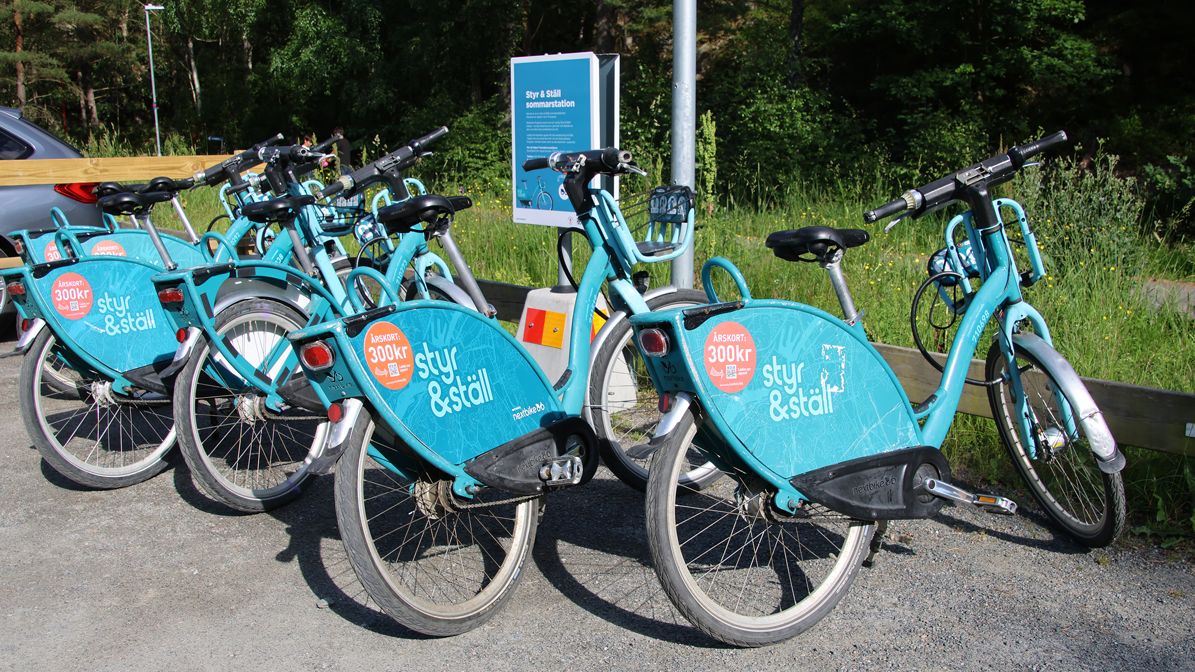 Bl&aring;a styr och st&auml;ll-cyklar med skog i bakgrunden