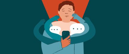 Ett barn med en mobiltelefon med ljuset från skärmen som lyser upp barnets ansikte. Ansiktsuttrycket är osäkert och ledset. Ut telefonen kommer det pratbubblor och armar som riktar sig mot barnet.