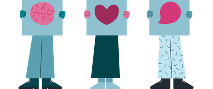 Tre personer står bredvid varandra med skyltar framför ansiktet. Skyltarna visar en hjärn, ett hjärta och en pratbubbla.