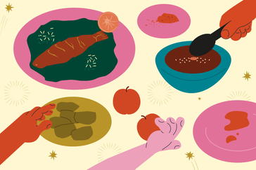 Illustration Av olika maträtter och händer som tar mat