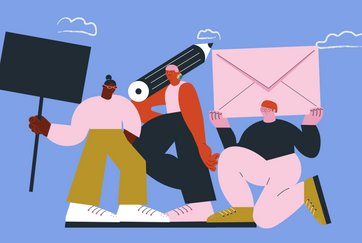 Illustration av tre ungdomar som visar sina åsikter.