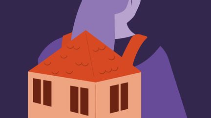 Iluutsration av ung kvinna som bär ett hus på ryggen som en ryggsäck