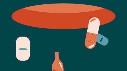 piller och flaskor faller ner i mörker från ett hål