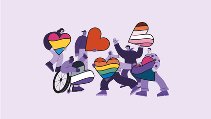 Personer som håller hjärtan som innehåller färgerna för flaggorna för hbtq, lesbisk, pansexuell, asexuell, bisexuell samt ett rött hjärta.