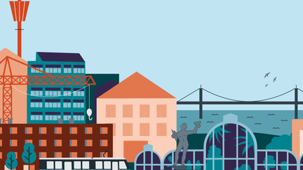  Illustration av Göteborg, med kranar, bro, spårvagn och olika byggnader.