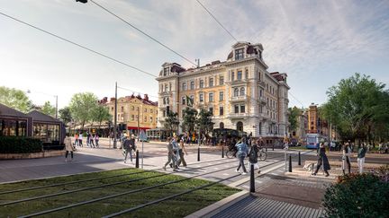 Visionsbild av spårväg i allén. Personer går över spåret i korsningen Avenyn och Parkgatan.
