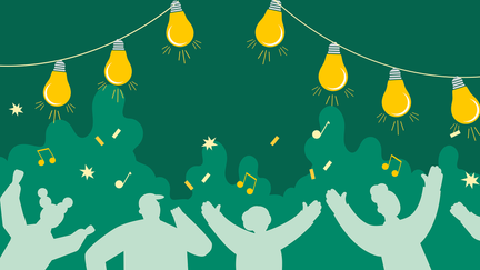 Illustration av människor som är glada och dansar. Konfetti, noter,linspända lampglober.