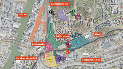 Bild med  markering för de detaljplaner som är på gång i Gamlestaden